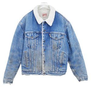 Vintage 80s Levi's Sherpa Denim Trucker Jacket Distressed  44R